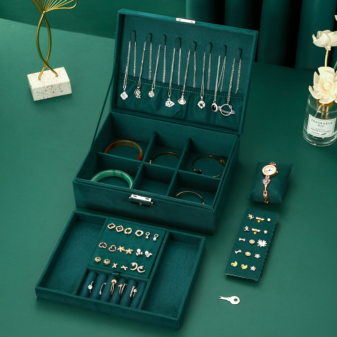 Двоярусна шкатулка органайзер для ювелірних прикрас зелена