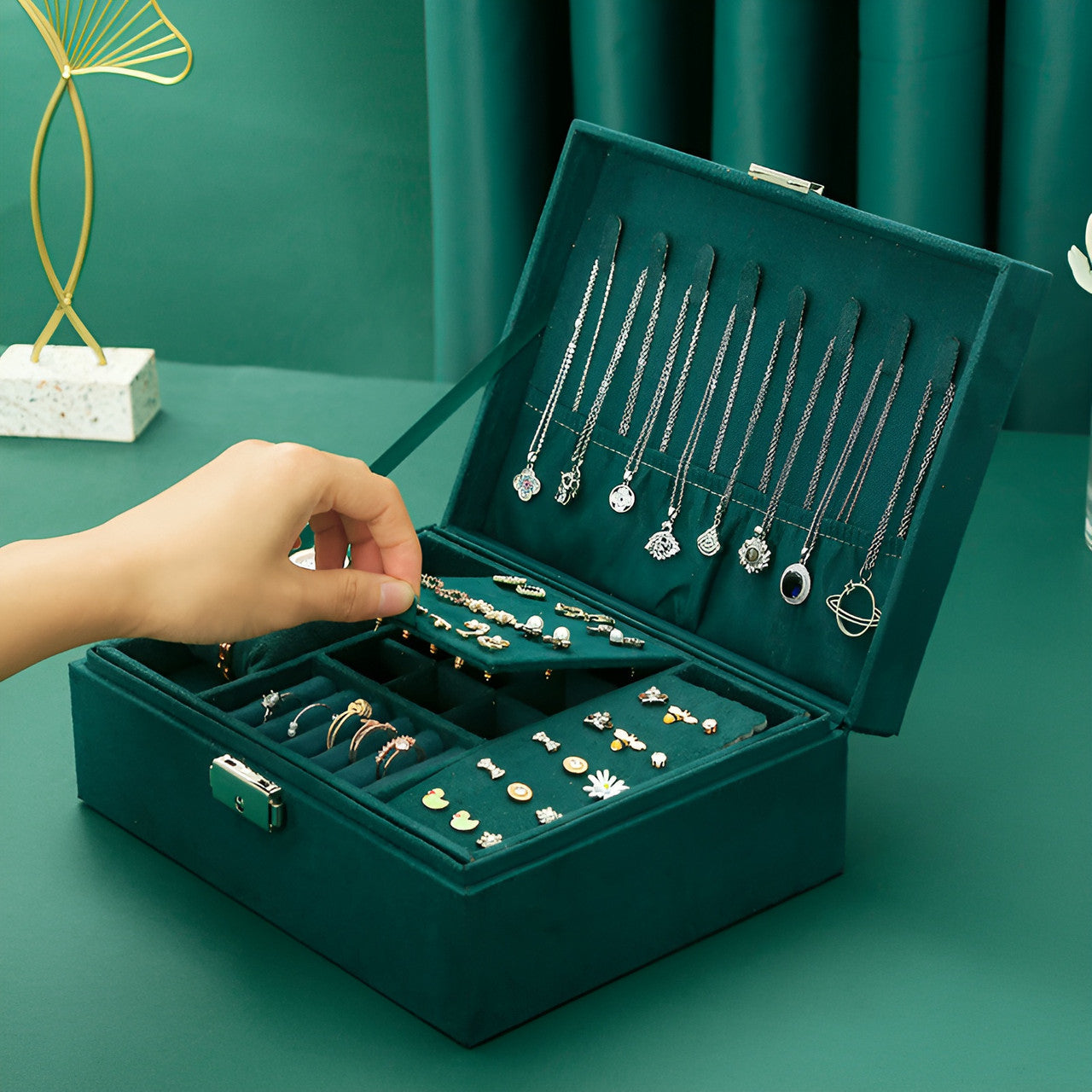 Двоярусна шкатулка органайзер для ювелірних прикрас зелена