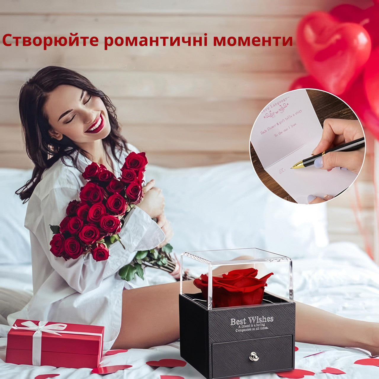 Стабілізована троянда в подарунковій коробці з кулоном