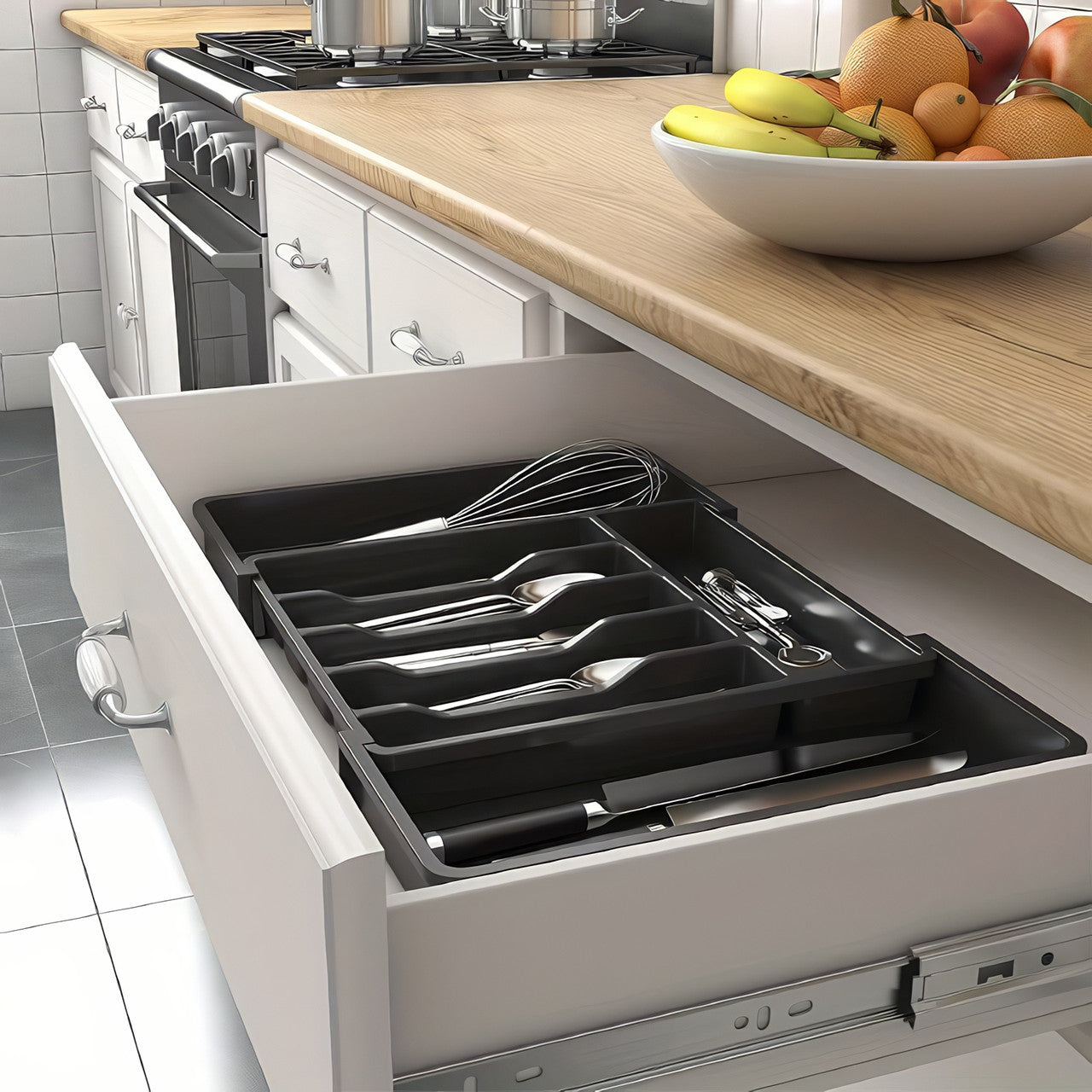 Лоток для столових приборів розширюваний органайзер на 8 секцій чорний