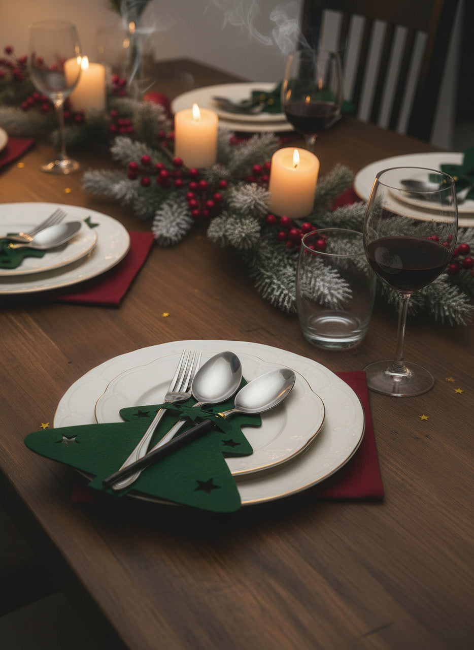 Сервірувальні конверти для столових приборів із фетру "Ялинка" 21×17 см, набір 12 штук, зелені