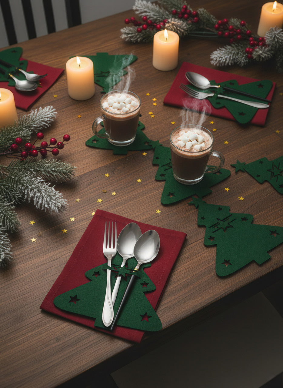 Сервірувальні конверти для столових приборів із фетру "Ялинка" 21×17 см, набір 12 штук, зелені